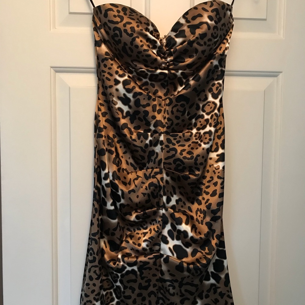 Ruched, strapless cheetah print dress